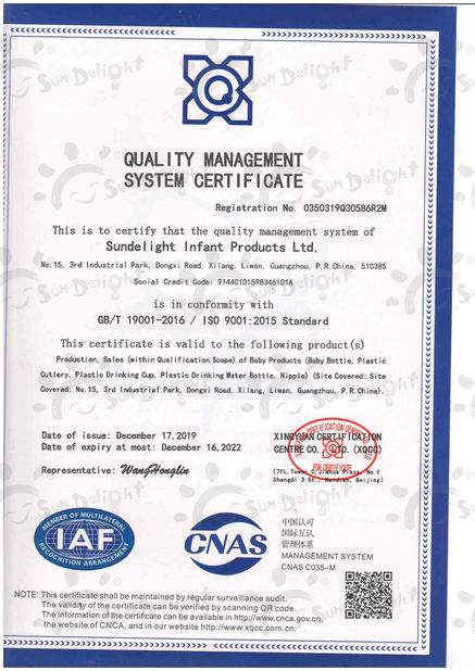 China Sundelight Infant products Ltd. Certification